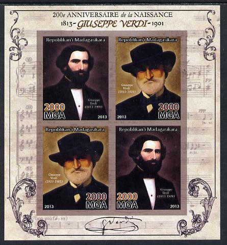 Madagascar 2013 200th Birth Anniversary of Giuseppe Verdi imperf sheetlet containing 4 values unmounted mint, stamps on personalities, stamps on verdi, stamps on opera, stamps on music, stamps on composers, stamps on 