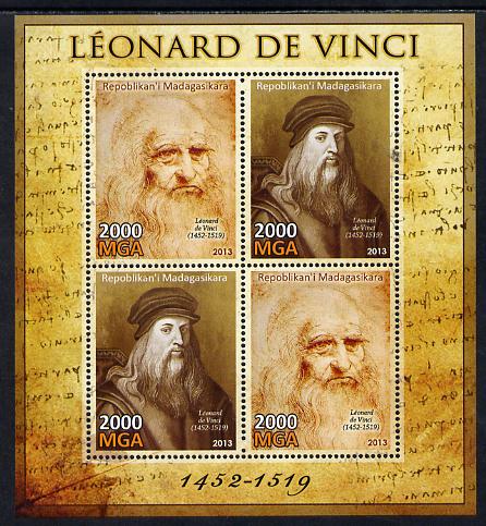 Madagascar 2013 Leonardo da Vinci perf sheetlet containing 4 values unmounted mint, stamps on personalities, stamps on leonardo, stamps on da vinci, stamps on arts, stamps on science, stamps on maths, stamps on sculpture, stamps on inventor