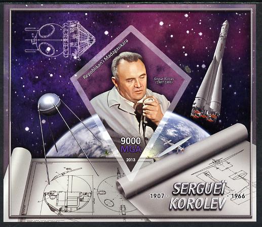 Madagascar 2013 Sergei Korolev (rocket engineer) imperf deluxe sheet containing one diamond shaped value unmounted mint, stamps on personalities, stamps on space, stamps on rockets, stamps on shaped, stamps on diamond