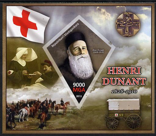 Madagascar 2013 Henry Dunant imperf deluxe sheet containing one diamond shaped value unmounted mint, stamps on personalities, stamps on dunant, stamps on red cross, stamps on shaped, stamps on diamond