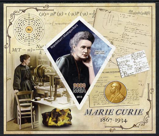 Madagascar 2013 Marie Curie imperf deluxe sheet containing one diamond shaped value unmounted mint, stamps on , stamps on  stamps on personalities, stamps on  stamps on nobel, stamps on  stamps on women, stamps on  stamps on medical, stamps on  stamps on physics, stamps on  stamps on chemistry, stamps on  stamps on cancer, stamps on  stamps on diseases, stamps on  stamps on shaped, stamps on  stamps on diamond