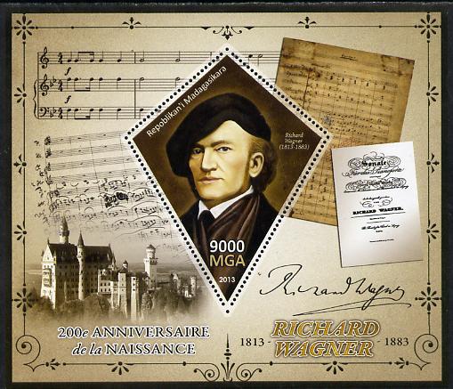 Madagascar 2013 200th Birth Anniversary of Richard Wagner perf deluxe sheet containing one diamond shaped value unmounted mint, stamps on personalities, stamps on music, stamps on wagner, stamps on composers, stamps on opera, stamps on shaped, stamps on diamond