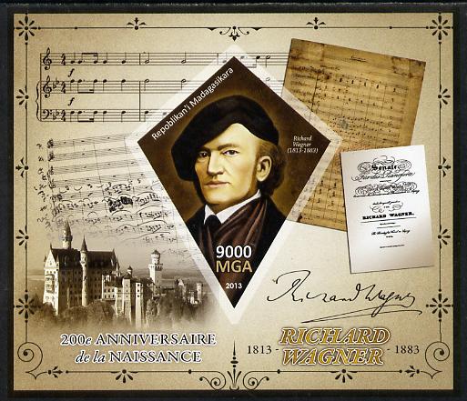 Madagascar 2013 200th Birth Anniversary of Richard Wagner imperf deluxe sheet containing one diamond shaped value unmounted mint, stamps on personalities, stamps on music, stamps on wagner, stamps on composers, stamps on opera, stamps on shaped, stamps on diamond