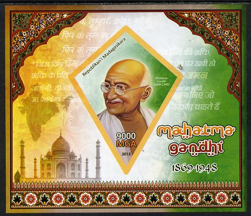 Madagascar 2013 Mahatma Gandhi imperf deluxe sheet containing one diamond shaped value unmounted mint, stamps on , stamps on  stamps on personalities, stamps on  stamps on gandhi, stamps on  stamps on constitutions, stamps on  stamps on shaped, stamps on  stamps on diamond
