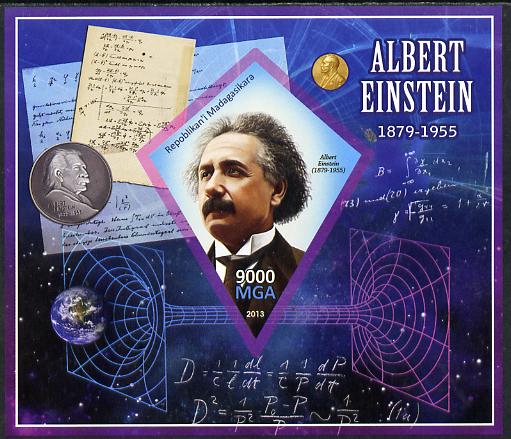 Madagascar 2013 Albert Einstein imperf deluxe sheet containing one diamond shaped value unmounted mint, stamps on personalities, stamps on einstein, stamps on science, stamps on physics, stamps on nobel, stamps on maths, stamps on space, stamps on judaica, stamps on atomics, stamps on mathematics, stamps on judaism, stamps on shaped, stamps on diamond