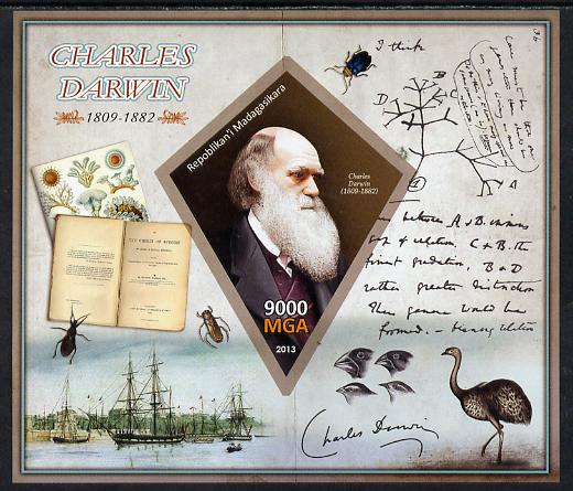 Madagascar 2013 Charles Darwin imperf deluxe sheet containing one diamond shaped value unmounted mint, stamps on , stamps on shaped, stamps on diamondpersonalities, stamps on science, stamps on animals, stamps on insects