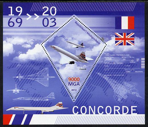 Madagascar 2013 Concorde perf deluxe sheet containing one diamond shaped value unmounted mint, stamps on , stamps on  stamps on concorde, stamps on  stamps on aviation, stamps on  stamps on flags, stamps on  stamps on shaped, stamps on  stamps on diamond