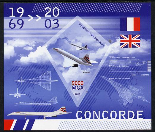 Madagascar 2013 Concorde imperf deluxe sheet containing one diamond shaped value unmounted mint, stamps on concorde, stamps on aviation, stamps on flags, stamps on shaped, stamps on diamond