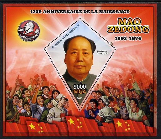 Madagascar 2013 Mao Tse-Tung perf deluxe sheet containing one diamond shaped value unmounted mint, stamps on personalities, stamps on  mao , stamps on constitutions, stamps on shaped, stamps on diamond