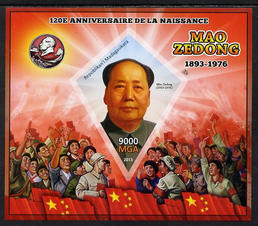 Madagascar 2013 Mao Tse-Tung imperf deluxe sheet containing one diamond shaped value unmounted mint, stamps on personalities, stamps on  mao , stamps on constitutions, stamps on shaped, stamps on diamond