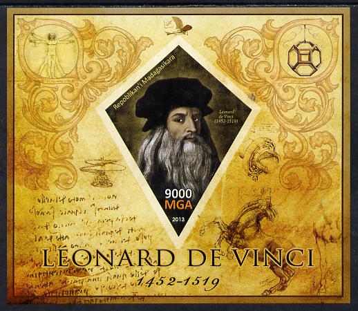 Madagascar 2013 Leonardo da Vinci imperf deluxe sheet containing one diamond shaped value unmounted mint, stamps on personalities, stamps on leonardo, stamps on da vinci, stamps on arts, stamps on science, stamps on maths, stamps on sculpture, stamps on inventor, stamps on shaped, stamps on diamond