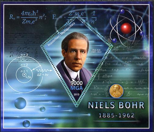Madagascar 2013 Niels Bohr (physicist) perf deluxe sheet containing one diamond shaped value unmounted mint, stamps on personalities, stamps on science, stamps on physics, stamps on atomics, stamps on , stamps on shaped, stamps on diamond