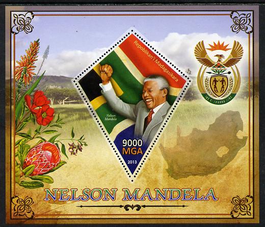 Madagascar 2013 Nelson Mandela perf deluxe sheet containing one diamond shaped value unmounted mint, stamps on personalities, stamps on mandela, stamps on nobel, stamps on peace, stamps on racism, stamps on human rights, stamps on shaped, stamps on diamond