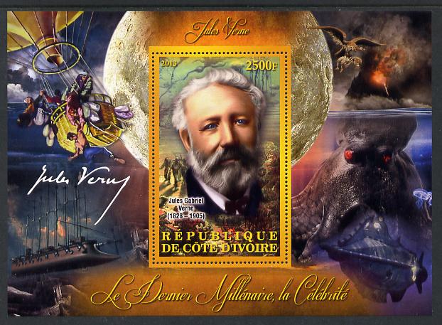 Ivory Coast 2013 Celebrities of the last Millennium - Jules Verne perf deluxe sheet containing one rectangular value unmounted mint, stamps on personalities, stamps on millennium, stamps on literature, stamps on sci-fi, stamps on verne