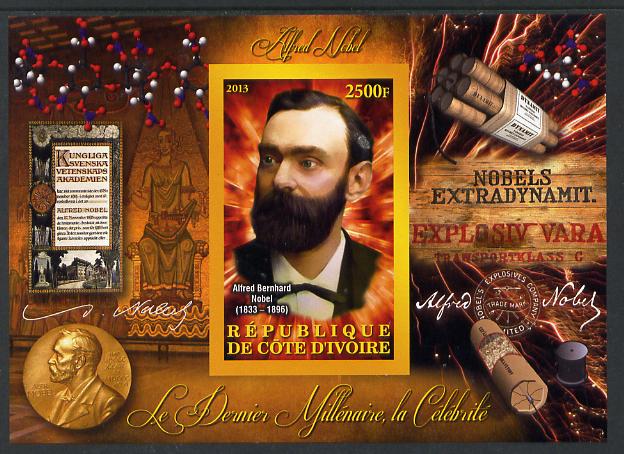 Ivory Coast 2013 Celebrities of the last Millennium - Alfred Nobel imperf deluxe sheet containing one rectangular value unmounted mint, stamps on personalities, stamps on millennium, stamps on nobel, stamps on chemistry, stamps on 