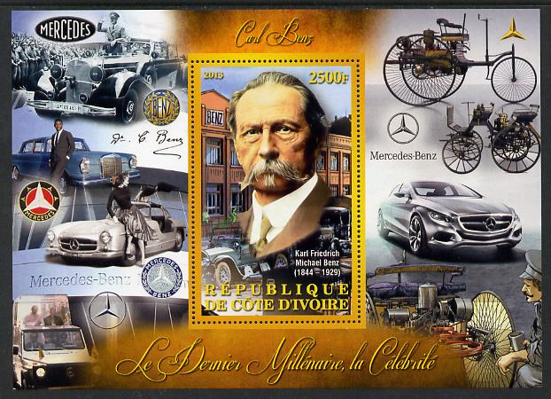 Ivory Coast 2013 Celebrities of the last Millennium - Karl Benz perf deluxe sheet containing one rectangular value unmounted mint, stamps on personalities, stamps on millennium, stamps on benz, stamps on cars, stamps on mercedes, stamps on 
