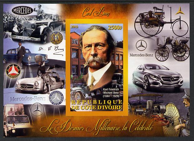 Ivory Coast 2013 Celebrities of the last Millennium - Karl Benz imperf deluxe sheet containing one rectangular value unmounted mint, stamps on , stamps on  stamps on personalities, stamps on  stamps on millennium, stamps on  stamps on benz, stamps on  stamps on cars, stamps on  stamps on mercedes, stamps on  stamps on 