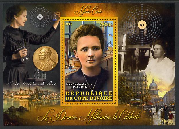 Ivory Coast 2013 Celebrities of the last Millennium - Marie Curie perf deluxe sheet containing one rectangular value unmounted mint, stamps on personalities, stamps on millennium, stamps on , stamps on nobel, stamps on women, stamps on medical, stamps on physics, stamps on chemistry, stamps on cancer, stamps on diseases