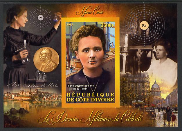 Ivory Coast 2013 Celebrities of the last Millennium - Marie Curie imperf deluxe sheet containing one rectangular value unmounted mint, stamps on personalities, stamps on millennium, stamps on , stamps on nobel, stamps on women, stamps on medical, stamps on physics, stamps on chemistry, stamps on cancer, stamps on diseases