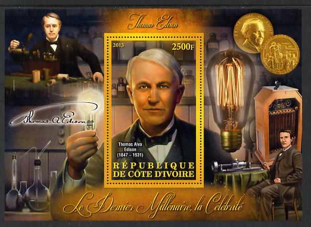 Ivory Coast 2013 Celebrities of the last Millennium - Thomas Edison perf deluxe sheet containing one rectangular value unmounted mint, stamps on personalities, stamps on millennium, stamps on music, stamps on films, stamps on photography, stamps on electricity