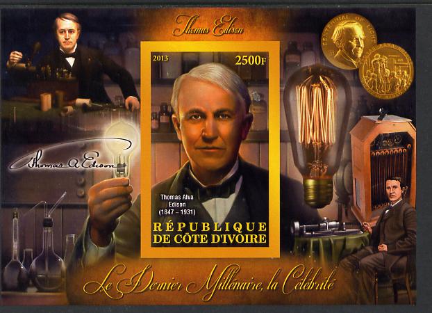 Ivory Coast 2013 Celebrities of the last Millennium - Thomas Edison imperf deluxe sheet containing one rectangular value unmounted mint, stamps on personalities, stamps on millennium, stamps on music, stamps on films, stamps on photography, stamps on electricity