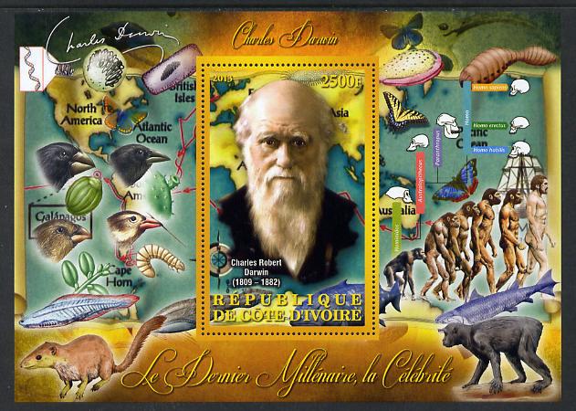 Ivory Coast 2013 Celebrities of the last Millennium - Charles Darwin perf deluxe sheet containing one rectangular value unmounted mint, stamps on personalities, stamps on millennium, stamps on darwin, stamps on science, stamps on animals