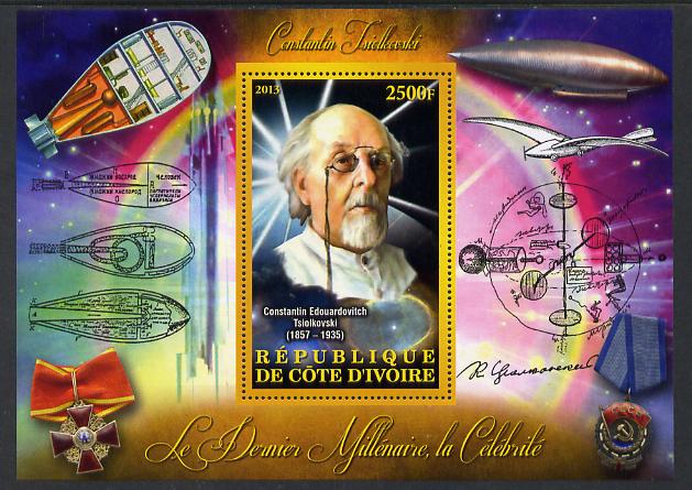 Ivory Coast 2013 Celebrities of the last Millennium - Konstantin Tsiolkovsky (rocket engineer) perf deluxe sheet containing one rectangular value unmounted mint, stamps on personalities, stamps on millennium, stamps on space, stamps on rockets, stamps on 