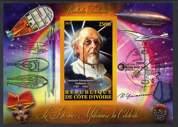 Ivory Coast 2013 Celebrities of the last Millennium - Konstantin Tsiolkovsky (rocket engineer) imperf deluxe sheet containing one rectangular value unmounted mint, stamps on personalities, stamps on millennium, stamps on space, stamps on rockets, stamps on 