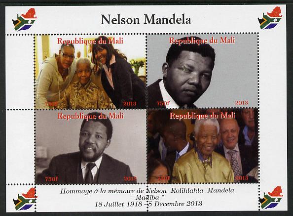 Mali 2013 Nelson Mandela #2 perf sheetlet containing four values unmounted mint. Note this item is privately produced and is offered purely on its thematic appeal with Ma..., stamps on personalities, stamps on mandela, stamps on nobel, stamps on peace, stamps on racism, stamps on human rights, stamps on maps, stamps on flags