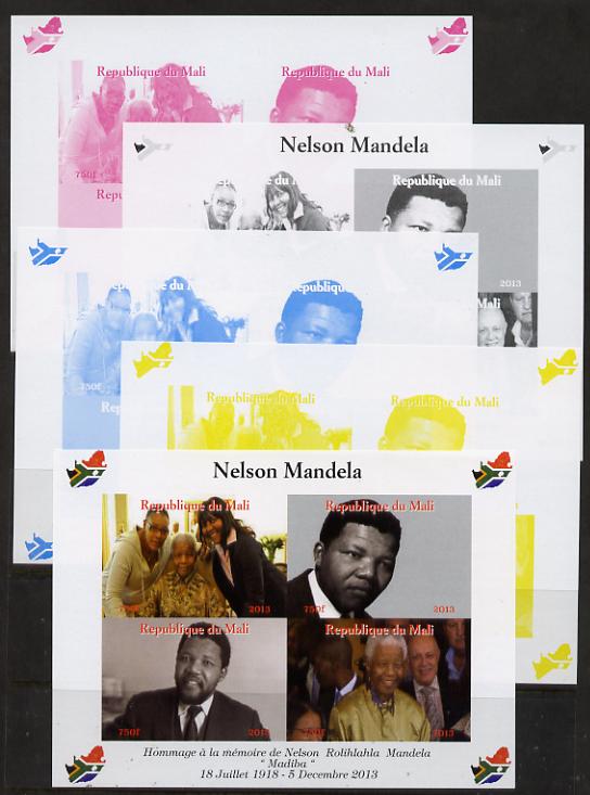 Mali 2013 Nelson Mandela #2 sheetlet containing four values - the set of 5 imperf progressive colour proofs comprising the 4 basic colours plus all 4-colour composite unmounted mint with Map shaped Flag of South Africa in border, stamps on , stamps on  stamps on personalities, stamps on  stamps on mandela, stamps on  stamps on nobel, stamps on  stamps on peace, stamps on  stamps on racism, stamps on  stamps on human rights, stamps on  stamps on maps, stamps on  stamps on flags
