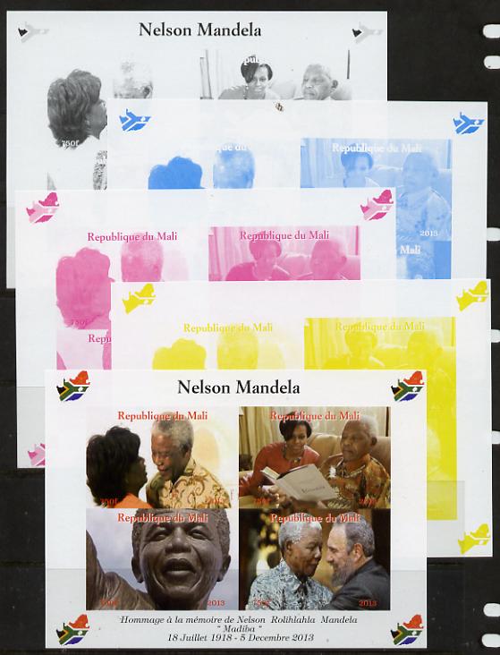 Mali 2013 Nelson Mandela #3 sheetlet containing four values - the set of 5 imperf progressive colour proofs comprising the 4 basic colours plus all 4-colour composite unmounted mint with Map shaped Flag of South Africa in border, stamps on personalities, stamps on mandela, stamps on nobel, stamps on peace, stamps on racism, stamps on human rights, stamps on maps, stamps on flags