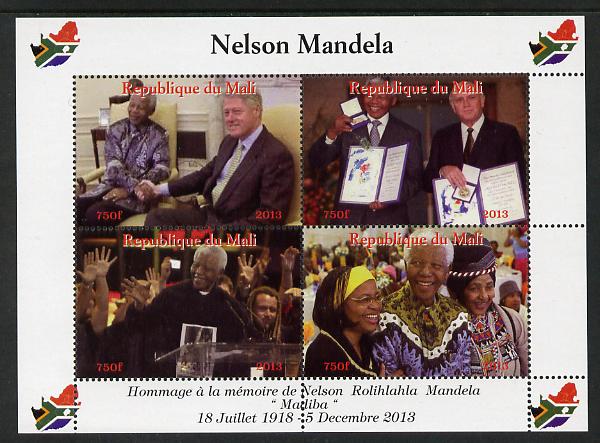 Mali 2013 Nelson Mandela #4 perf sheetlet containing four values unmounted mint. Note this item is privately produced and is offered purely on its thematic appeal with Ma..., stamps on personalities, stamps on mandela, stamps on nobel, stamps on peace, stamps on racism, stamps on human rights, stamps on clinton, stamps on usa presidents, stamps on maps, stamps on flags
