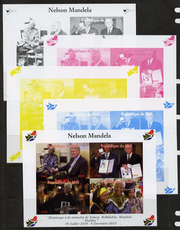 Mali 2013 Nelson Mandela #4 sheetlet containing four values - the set of 5 imperf progressive colour proofs comprising the 4 basic colours plus all 4-colour composite unmounted mint with Map shaped Flag of South Africa in border, stamps on personalities, stamps on mandela, stamps on nobel, stamps on peace, stamps on racism, stamps on human rights, stamps on clinton, stamps on usa presidents, stamps on maps, stamps on flags