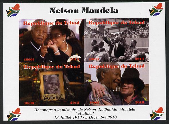 Chad 2013 Nelson Mandela #1 imperf sheetlet containing four values unmounted mint. Note this item is privately produced and is offered purely on its thematic appeal. with..., stamps on personalities, stamps on mandela, stamps on nobel, stamps on peace, stamps on racism, stamps on human rights, stamps on maps, stamps on flags