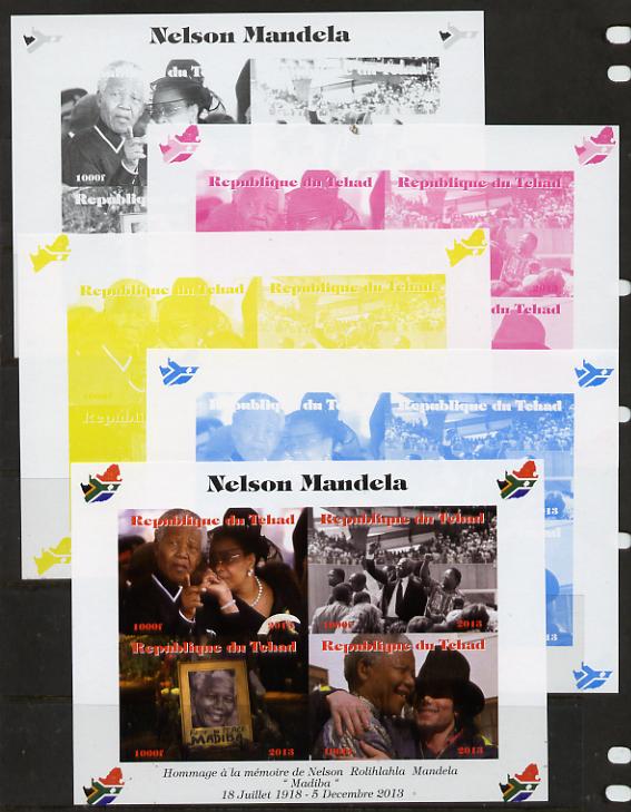 Chad 2013 Nelson Mandela #1 sheetlet containing four values - the set of 5 imperf progressive colour proofs comprising the 4 basic colours plus all 4-colour composite unmounted mint with Map shaped Flag of South Africa in border, stamps on personalities, stamps on mandela, stamps on nobel, stamps on peace, stamps on racism, stamps on human rights, stamps on maps, stamps on flags