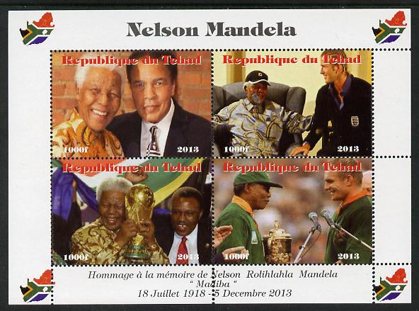 Chad 2013 Nelson Mandela #2 perf sheetlet containing four values unmounted mint. Note this item is privately produced and is offered purely on its thematic appeal. with Map shaped Flag of South Africa in border, stamps on personalities, stamps on mandela, stamps on nobel, stamps on peace, stamps on racism, stamps on human rights, stamps on  ali , stamps on boxing, stamps on scouts, stamps on maps, stamps on flags