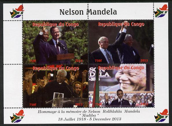 Congo 2013 Nelson Mandela #2 perf sheetlet containing four values unmounted mint. Note this item is privately produced and is offered purely on its thematic appeal with Map shaped Flag of South Africa in border, stamps on personalities, stamps on mandela, stamps on nobel, stamps on peace, stamps on racism, stamps on human rights, stamps on obama, stamps on usa presidents, stamps on maps, stamps on flags
