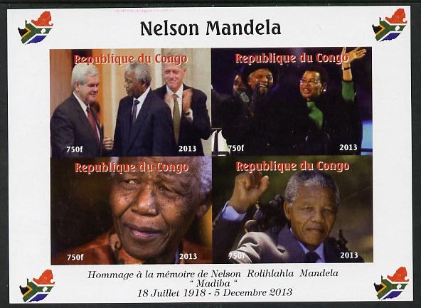 Congo 2013 Nelson Mandela #3 imperf sheetlet containing four values unmounted mint. Note this item is privately produced and is offered purely on its thematic appeal with..., stamps on personalities, stamps on mandela, stamps on nobel, stamps on peace, stamps on racism, stamps on human rights, stamps on clinton, stamps on usa presidents, stamps on maps, stamps on flags