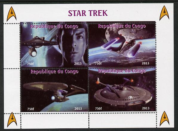 Congo 2013 Star Trek #1 perf sheetlet containing four values unmounted mint. Note this item is privately produced and is offered purely on its thematic appeal, stamps on sci-fi, stamps on films, stamps on  tv , stamps on films, stamps on cinema, stamps on movies, stamps on space