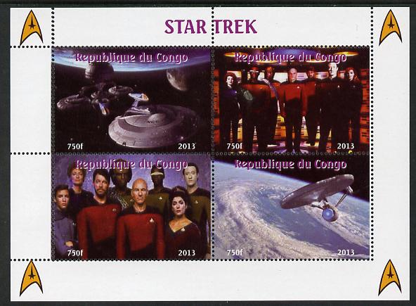 Congo 2013 Star Trek #2 perf sheetlet containing four values unmounted mint. Note this item is privately produced and is offered purely on its thematic appeal, stamps on sci-fi, stamps on films, stamps on  tv , stamps on films, stamps on cinema, stamps on movies, stamps on space