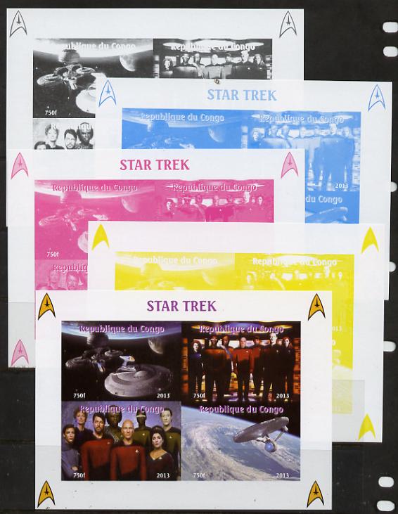 Congo 2013 Star Trek #2 sheetlet containing four values - the set of 5 imperf progressive colour proofs comprising the 4 basic colours plus all 4-colour composite unmounted mint, stamps on sci-fi, stamps on films, stamps on  tv , stamps on films, stamps on cinema, stamps on movies, stamps on space
