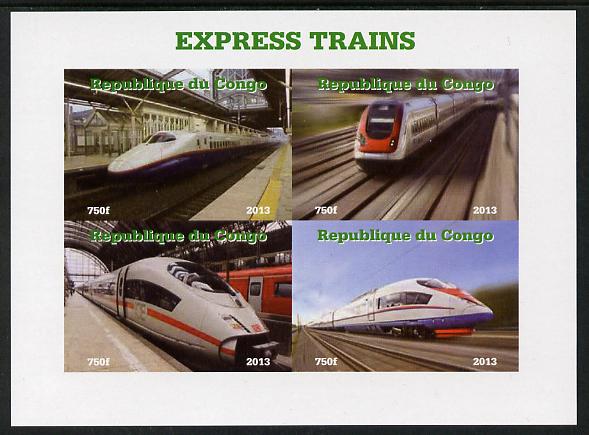 Congo 2013 Express Trains #1 imperf sheetlet containing four values unmounted mint. Note this item is privately produced and is offered purely on its thematic appeal, stamps on , stamps on  stamps on railways