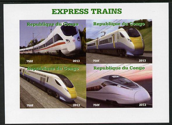 Congo 2013 Express Trains #2 imperf sheetlet containing four values unmounted mint. Note this item is privately produced and is offered purely on its thematic appeal, stamps on railways