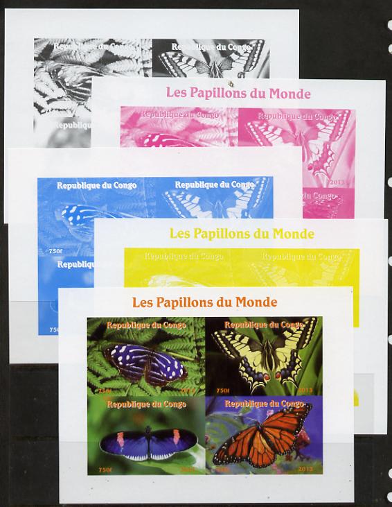 Congo 2013 Butterflies of the World #3 sheetlet containing four values - the set of 5 imperf progressive colour proofs comprising the 4 basic colours plus all 4-colour composite unmounted mint, stamps on butterflies