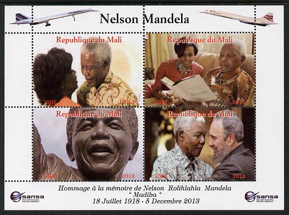 Mali 2013 Nelson Mandela #6 perf sheetlet containing four values unmounted mint. Note this item is privately produced and is offered purely on its thematic appeal with concorde in border, stamps on personalities, stamps on mandela, stamps on nobel, stamps on peace, stamps on racism, stamps on human rights, stamps on aviation, stamps on concorde