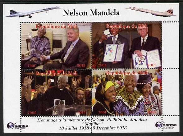 Mali 2013 Nelson Mandela #7 perf sheetlet containing four values unmounted mint. Note this item is privately produced and is offered purely on its thematic appeal with Concorde in border, stamps on personalities, stamps on mandela, stamps on nobel, stamps on peace, stamps on racism, stamps on human rights, stamps on clinton, stamps on usa presidents, stamps on aviation, stamps on concorde