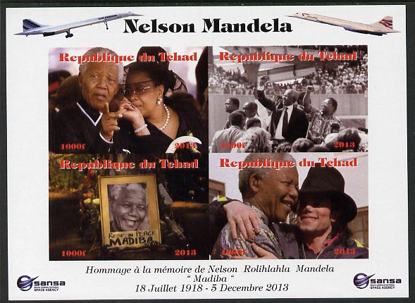 Chad 2013 Nelson Mandela #4 imperf sheetlet containing four values unmounted mint. Note this item is privately produced and is offered purely on its thematic appeal. with..., stamps on personalities, stamps on mandela, stamps on nobel, stamps on peace, stamps on racism, stamps on human rights, stamps on aviation, stamps on concorde