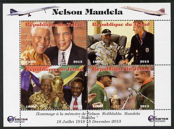 Chad 2013 Nelson Mandela #5 perf sheetlet containing four values unmounted mint. Note this item is privately produced and is offered purely on its thematic appeal. with Concorde in border, stamps on personalities, stamps on mandela, stamps on nobel, stamps on peace, stamps on racism, stamps on human rights, stamps on  ali , stamps on boxing, stamps on scouts, stamps on aviation, stamps on concorde
