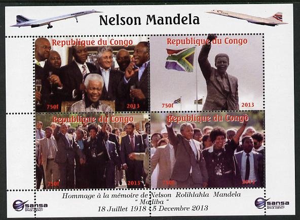 Congo 2013 Nelson Mandela #4 perf sheetlet containing four values  with Concorde in border unmounted mint. Note this item is privately produced and is offered purely on i..., stamps on personalities, stamps on mandela, stamps on nobel, stamps on peace, stamps on racism, stamps on human rights, stamps on aviation, stamps on concorde