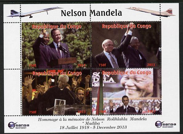 Congo 2013 Nelson Mandela #5 perf sheetlet containing four values with Concorde in border unmounted mint. Note this item is privately produced and is offered purely on it..., stamps on personalities, stamps on mandela, stamps on nobel, stamps on peace, stamps on racism, stamps on human rights, stamps on obama, stamps on usa presidents, stamps on aviation, stamps on concorde